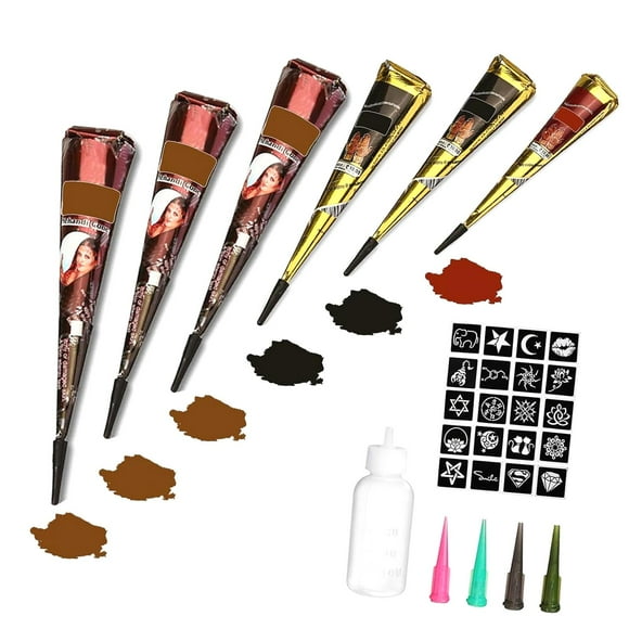 Dreamtimes Kit, 6Pcs Semi Permanent Tattoo Paste Cones, India Body DIY Art Painting for Women Men, Summer Trend Freehand Paste with 3 Colors,20Pcs Adhesive Stencil,1Pc Bottle,4Pcs Nozzles