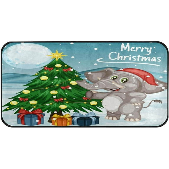 Dreamtimes Kitchen Rugs,Christmas Elephant Non Slip Washable Cushioned Carpets Polyester AntiFatigue Comfort Porch Floor Mat Christmas Decoration 39×20 in