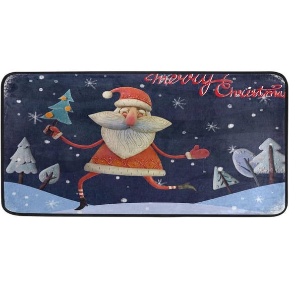 Dreamtimes Kitchen Rugs,Santa Claus Running with Christmas Tree Non Slip Washable Cushioned Carpets Polyester AntiFatigue Comfort Porch Floor Mat Christmas Decoration 39×20 in
