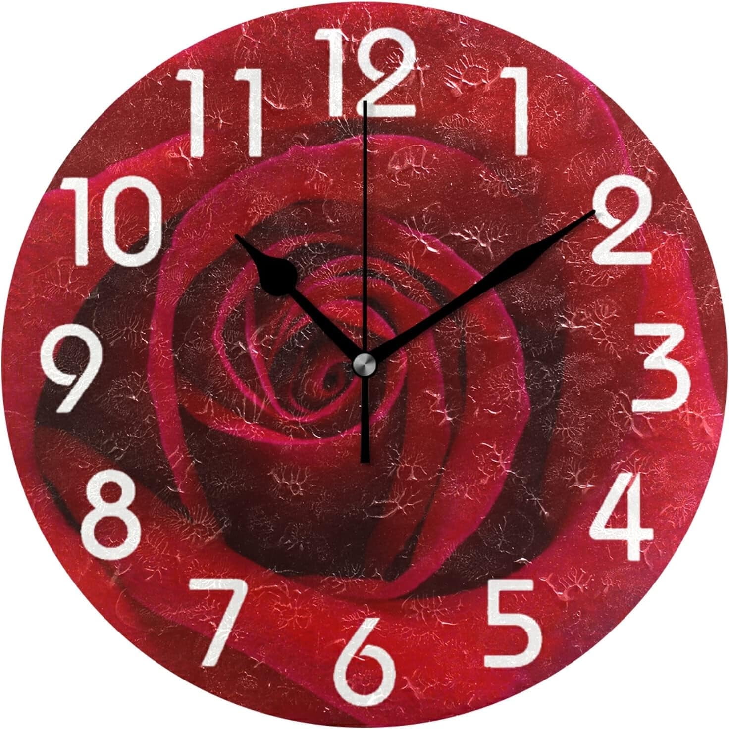 Dreamtimes Lifelike Blooming Red Rose Round Wall Clock, 10 Inch Battery