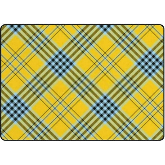 Dreamtimes Lightweight Soft Area Rugs 60 x 39 inch (5'x 3'3"), Tartan Plaid Blue Black Stripes on Yellow Floor Carpet Mat for Kids Playing Room Hardwood Floor Living Room