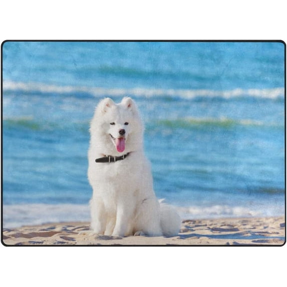 Lightweight Soft Area Rugs 63 x 48 in, White Dog Samoyed Sitting On The Beach Floor Mat for Kids Playing Room Hardwood Floor Living Room Nursery Rugs, 5'3" x 4'