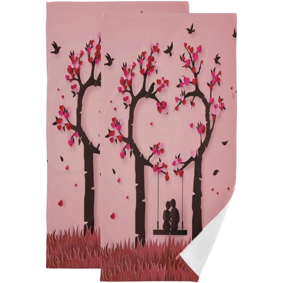 Dreamtimes Lover Couples Under A Love Tree Hand Towels 2 PCS, Spring Valentine Kitchen Towel Ultra Soft and Highly Absorbent,Decorative Fingertip Face Towel for Bathroom Hotel, 28.3"x14.4"