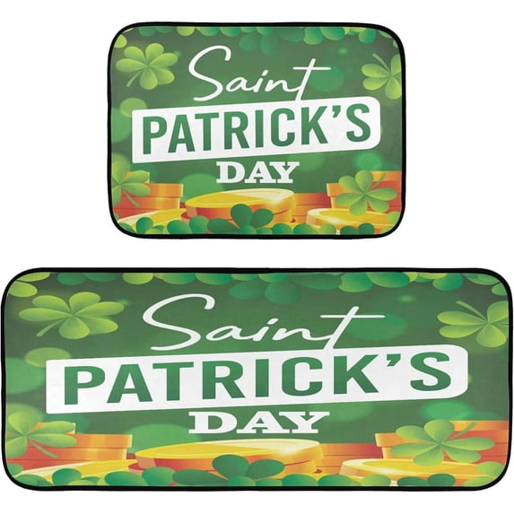 Dreamtimes Lucky Leaf Clover and Gold Coins Kitchen Rugs Door Mat 2PCS,Carpet Front Entrance Non-Slip Relieve Fatigue Washable Floor Mat for St. Patrick's Day Kitchen Bedroom Porch