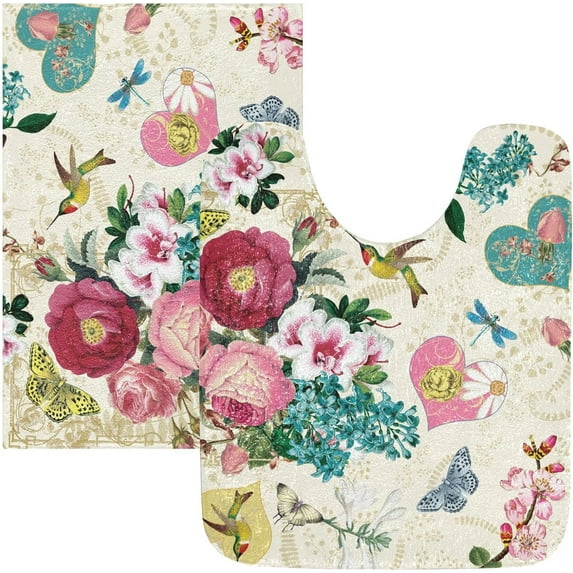 Dreamtimes Luxury Bathroom Rug Set 2 PCS, Bird Butterfly Rose Soft Absorbent Bath Rug and U-Shaped Contour Toilet Rug, Non-Slip Bath Carpet Bath Mats for Bathroom, 17.3"x13.4"+23.6"x15.7"