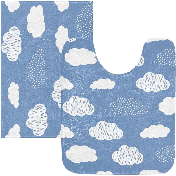 Dreamtimes Luxury Bathroom Rug Set 2 PCS, Clouds on Blue Background Soft Absorbent Bath Rug and U-Shaped Contour Toilet Rug, Non-Slip Bath Carpet Bath Mats for Bathroom, 24"x16"+24"x20"