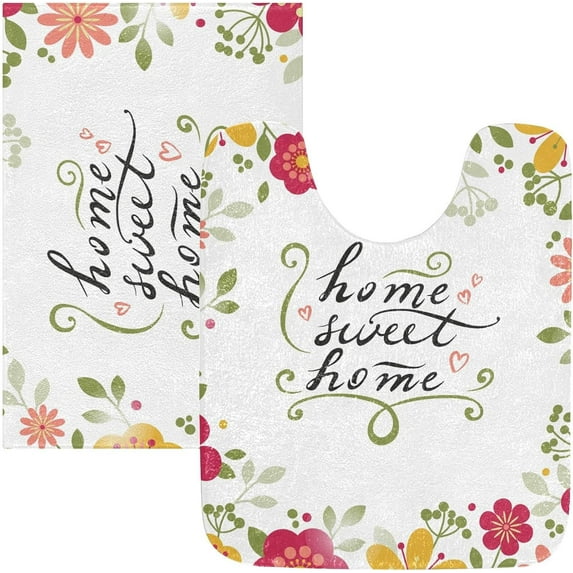 Dreamtimes Luxury Bathroom Rug Set 2 PCS, Home Sweet Home Floral Soft Absorbent Bath Rug and U-Shaped Contour Toilet Rug, Non-Slip Bath Carpet Bath Mats for Bathroom, 17.3"x13.4"+23.6"x15.7"