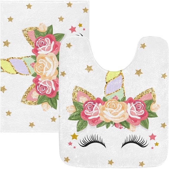 Dreamtimes Luxury Bathroom Rug Set 2 PCS, Magical Unicorn Stars Soft Absorbent Bath Rug and U-Shaped Contour Toilet Rug, Non-Slip Bath Carpet Bath Mats for Bathroom, 17.3"x13.4"+23.6"x15.7"