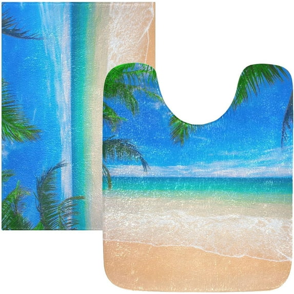 Dreamtimes Luxury Bathroom Rug Set 2 PCS, Palm Tropical Beach Soft Absorbent Bath Rug and U-Shaped Contour Toilet Rug, Non-Slip Bath Carpet Bath Mats for Bathroom, 17.3"x13.4"+23.6"x15.7"