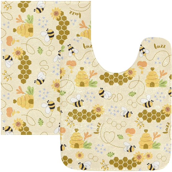 Dreamtimes Luxury Bathroom Rug Set 2 PCS, Sweet Honey Pattern Cute Bees Soft Absorbent Bath Rug and U-Shaped Contour Toilet Rug, Non-Slip Bath Carpet Bath Mats for Bathroom, 17.3"x13.4"+23.6"x15.7"