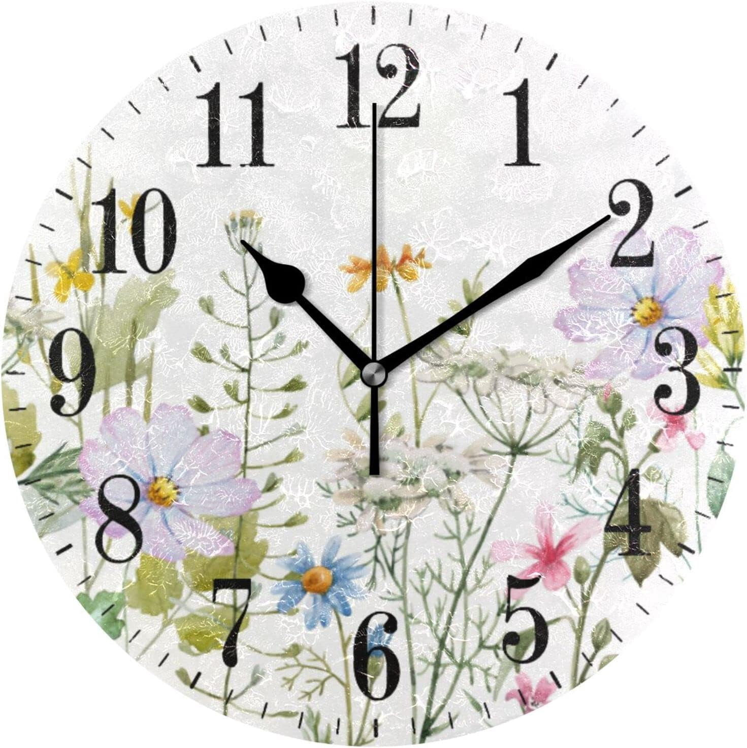 Dreamtimes Meadow Flowers Pattern Wall Clock, Silent Non Ticking 10 ...
