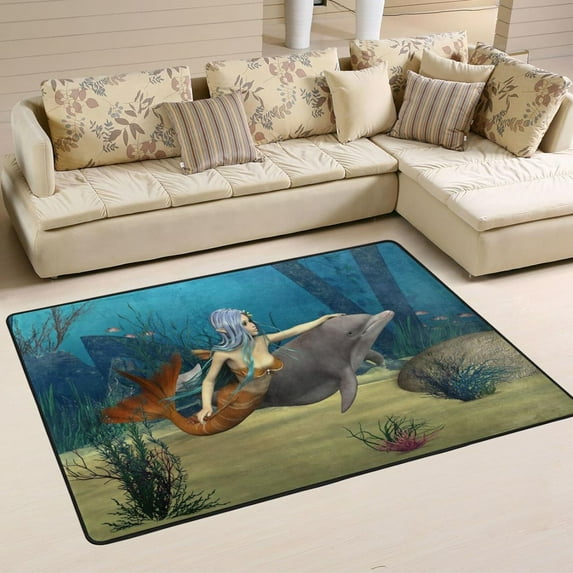 Dreamtimes Mermaid 3D Dolphin Area Rug 72x48in Blue Fantasy Ocean Non-Slip Floor Carpet Comfort Floor Mats Decor for Indoor Living Dining Room and Bedroom Area