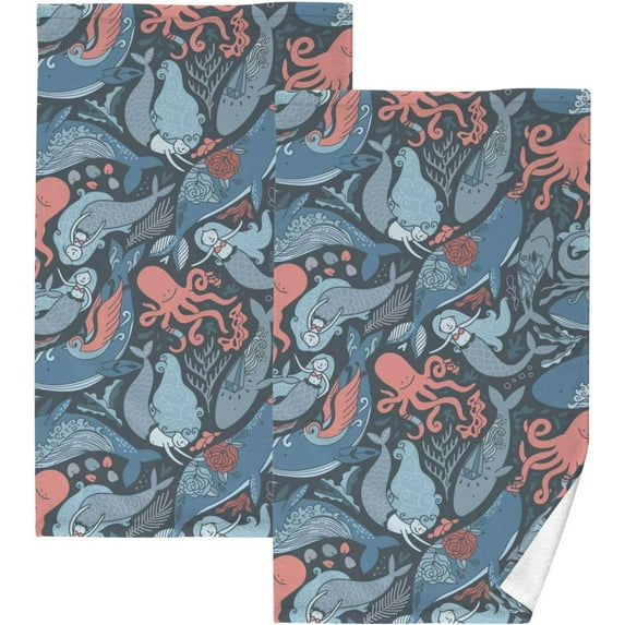 Dreamtimes Mermaid Whale Patterned Hand Towels 2 PCS, Cotton Bath Towel for Drying Face Hands Body Decorative Water Absorbent Lightweight Towels for Bathroom Ktichen Travel Gym,16"x28"