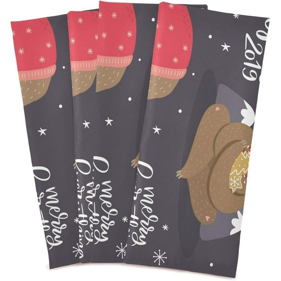 Dreamtimes Merry Christmas with Cute Sloth Kitchen Towels Set of 4 Dishcloths Hand Towels Tea Towels Ultra Absorbent for Cleaning Washing Drying Dishes Tableware 28'' x 18''