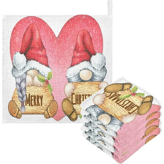 Dreamtimes Merry Christmas Gnome Baby Muslin Washcloths Face Towel, Watercolor Pink Heart Burp Cloths Cotton Wipes 5 PCS Infant Wash Cloth for Newborn Boys Girls 12x12 inches