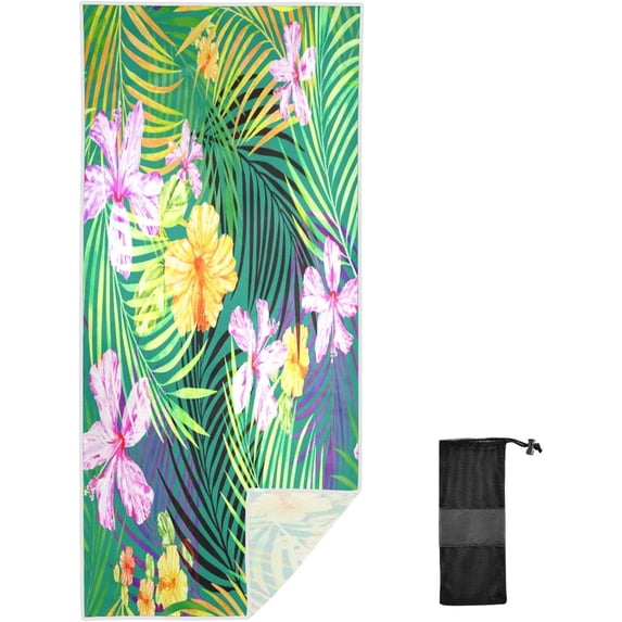 Dreamtimes Microfiber Beach Towel,Palm Flowers Super Absorbent Sport Towel with Pouch,Quick Dry Pool Towels Pool Blanket for Swimming,Picnic,Yoga Gym 30x60in
