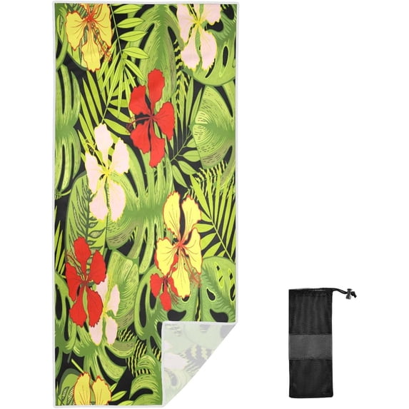 Dreamtimes Microfiber Beach Towel,Palm Flowers Super Absorbent Sport Towel with Pouch,Quick Dry Pool Towels Pool Blanket for Swimming,Picnic,Yoga Gym 31x71in