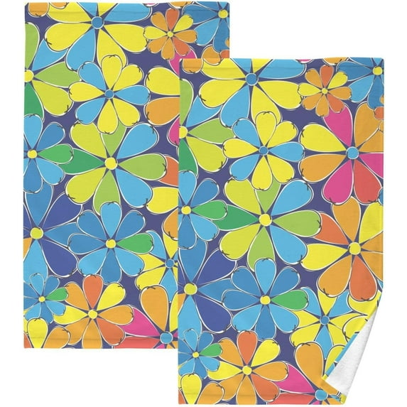 Dreamtimes Multicolored Flowers Bath Hand Towel Soft Cotton Highly Absorbent Fingertip Towels for Bathroom Beach Kitchen Sports Gym Yoga Travel (2-Pieces Towel Sets, 28x16 inch)