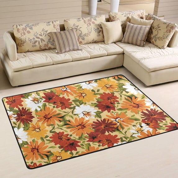 Dreamtimes Orange Florals Area Rug 72x48in Flowers Spring Summer Non-Slip Floor Carpet Comfort Floor Mats Decor for Indoor Living Dining Room and Bedroom Area