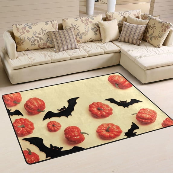 Dreamtimes Orange Halloween Non-Slip Area Rug 36"x24", Black Bat Pumpkin Floor Carpet Comfort Floor Mats Decor for Indoor Front Porch,Living Room, Bedroom,Kitchen