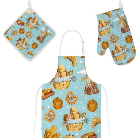 Dreamtimes Oven Mitts and Pot Holders with Chef Apron 3Pcs Set Bakery Pattern Non Slip Heat Resistant Gloves for Baking Cooking BBQ