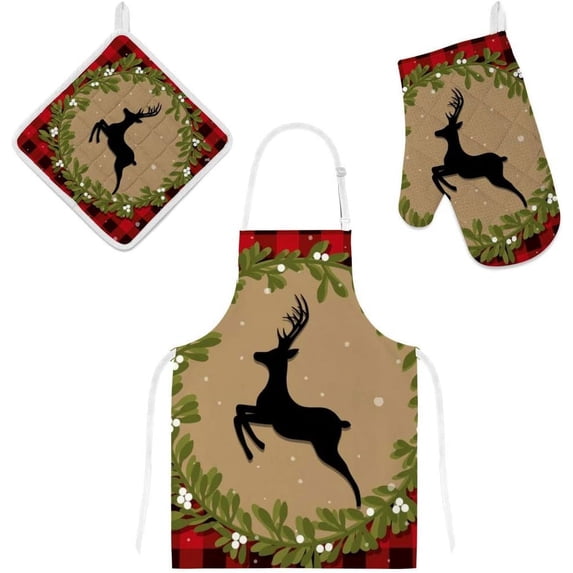 Dreamtimes Oven Mitts and Pot Holders with Chef Apron 3Pcs Set Classic Christmas Reindeer Non Slip Heat Resistant Gloves for Baking Cooking BBQ