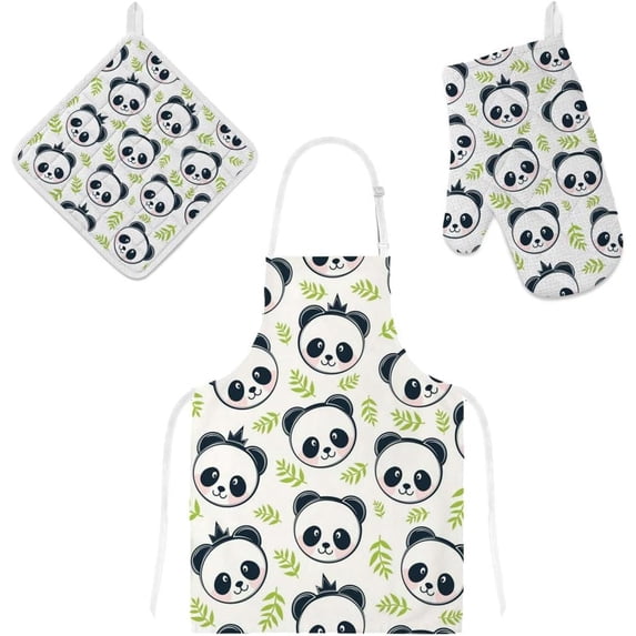 Dreamtimes Oven Mitts and Pot Holders with Chef Apron 3Pcs Set Panda Leaves Non Slip Heat Resistant Gloves for Baking Cooking BBQ