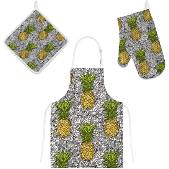 Dreamtimes Oven Mitts and Pot Holders with Chef Apron 3Pcs Set Pineapple On Abstract Wave Non Slip Heat Resistant Gloves for Baking Cooking BBQ
