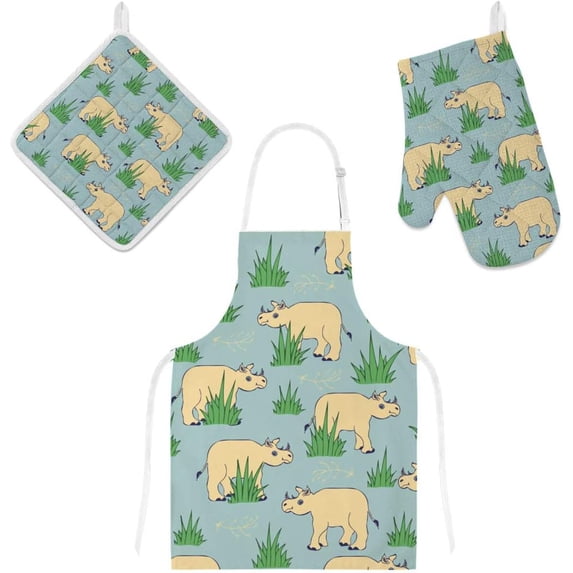 Dreamtimes Oven Mitts and Pot Holders with Chef Apron 3Pcs Set Rhinoceros in Grass Non Slip Heat Resistant Gloves for Baking Cooking BBQ