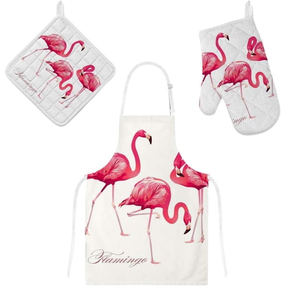Dreamtimes Oven Mitts and Pot Holders with Chef Apron 3Pcs Set Tropical Bird Flamingos Non Slip Heat Resistant Gloves for Baking Cooking BBQ
