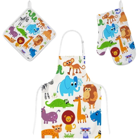 Dreamtimes Oven Mitts and Pot Holders with Chef Apron 3Pcs Set Wild Africa Animals Non Slip Heat Resistant Gloves for Baking Cooking BBQ