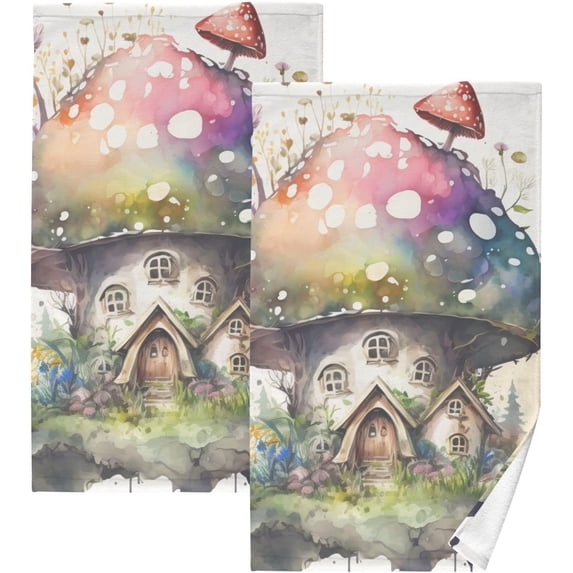 Dreamtimes Painting Mushroom House Hand Towels 2 Pieces, Cotton Bath Towel for Drying Face Hands Body Decorative Water Absorbent Lightweight Towels for Bathroom Ktichen Travel Gym,16"x28"