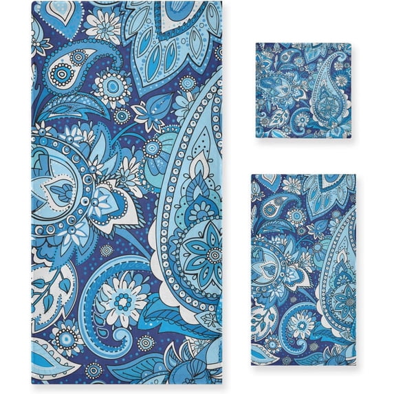 Dreamtimes Paisley Flower Bath Towel Set of 3, Absorbent Soft Bathroom Towel with Hand Towel & Washcloth for Hotel, Beach, Gym and Spa