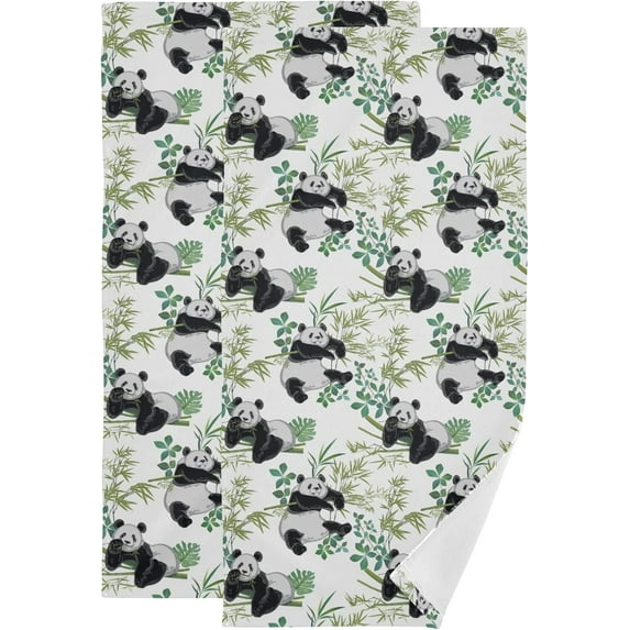 Dreamtimes Panda Bears Hand Towels 2 PCS, Ultra Soft and Highly Absorbent, Green Bamboo Leaves Decorative Fingertip Towel for Home, Bathroom, Kitchen, 28.3"x14.4"
