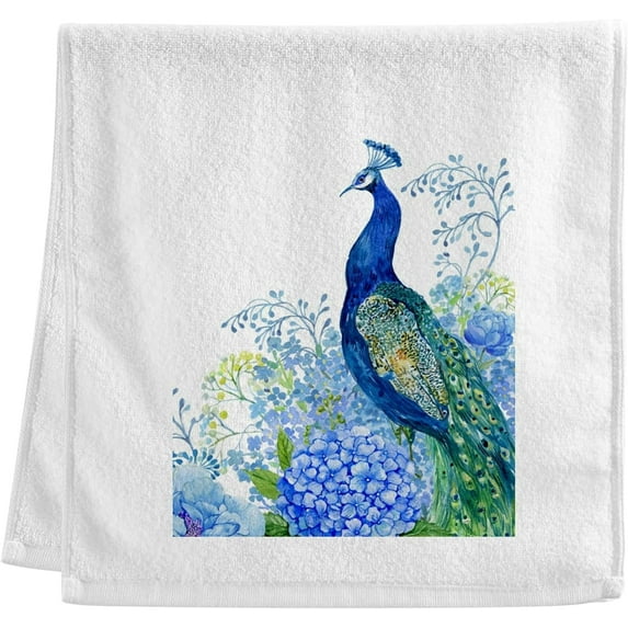 Dreamtimes Peacock Blue Flowers Watercolor Painting Towels 100% Cotton Hand Towel for Bathroom 16 x 30 inch, Absorbent Soft & Skin-Friendly, 1 Piece