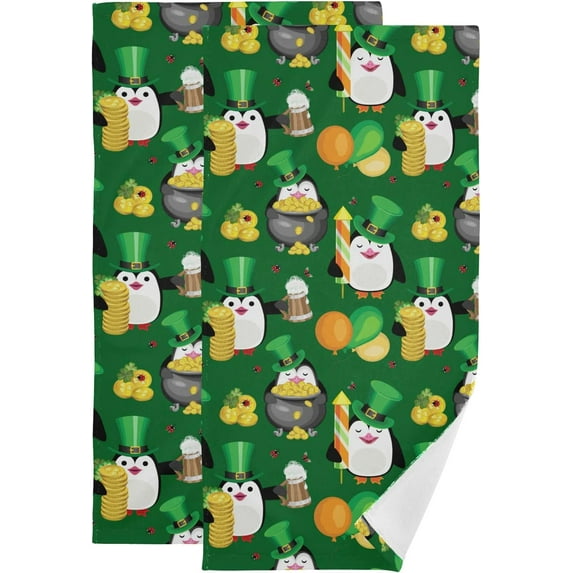 Dreamtimes Penguins Coins Beer Hand Towels 2 PCS, Ultra Soft and Highly Absorbent, St Patrick's Day Decorative Fingertip Towel for Home, Bathroom, Kitchen, 28.3"x14.4"