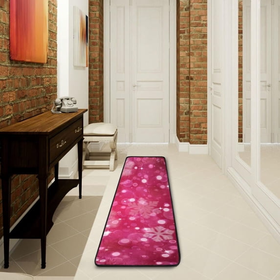 Dreamtimes Pink Blurred Snowflakes Hallway Runner Rug 2'x6' Kitchen Rug with Rubber Backing Christmas Winter Non Slip Entryway Rug Runner Washable Soft Area Rug for Hallway Bedroom Kitchen Decor