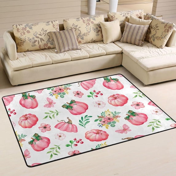 Dreamtimes Pink Fall Pumpkins Area Rug, 36"x24" Thanksgiving Non-Slip Washable Indoor Door Mat, Absorbent Floor Mat for Bedroom Kitchen Entryway Bathroom