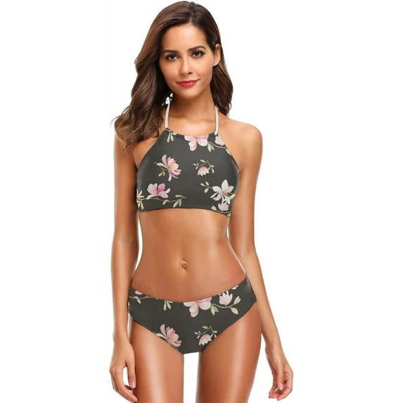 Dreamtimes Pink Flowers On Black Swimsuits Padded Bikini Sets Sexy Swimwear for Women, X-Large