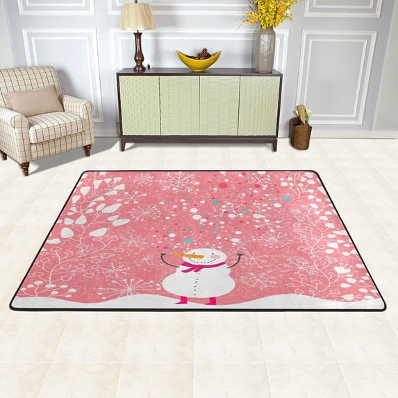Dreamtimes Pink Happy Snowman Non-Slip Area Rug Hello Winter Floor Carpet Comfort Floor Mats Decor for Indoor Front Porch,Living Room, Bedroom,Kitchen, 36"x24"