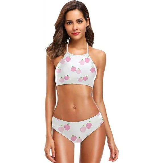 Dreamtimes Pink Peach Fruit Swimsuits Padded Bikini Sets Sexy Swimwear for Women, Large