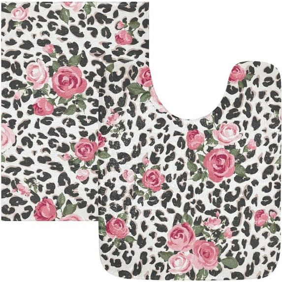 Dreamtimes Pink Rose Floawer Leopard Cheetah Print Bath Mat for Bathroom Shower U Shape Toilet Rugs Contour Carpet Set, Fluffy Absorbent & Machine Washable, 2 Piece