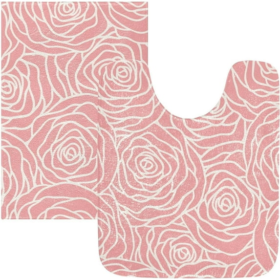 Dreamtimes Pink Rose Flower Gold Floral Bath Mat for Bathroom Shower U Shape Toilet Rugs Contour Carpet Set, Fluffy Absorbent & Machine Washable, 2 Piece