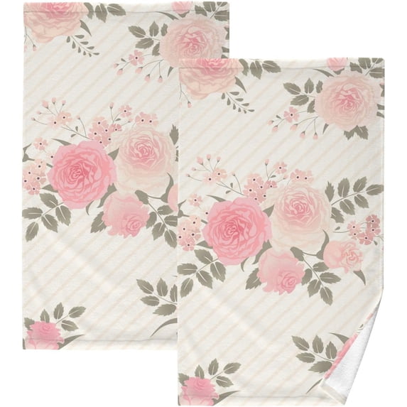 Dreamtimes Pink & Rose Gold Roses Flower Striped Vintage Hand Towels for Bathroom 100% Cotton 2 pcs Face Towel 16 x 28 inch, Absorbent Soft & Skin-Friendly