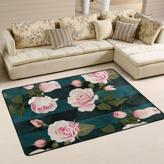 Dreamtimes Pink Roses Flower Area Rug 72x48in Black Deep Green Strips Non-Slip Floor Carpet Comfort Floor Mats Decor for Indoor Living Dining Room and Bedroom Area