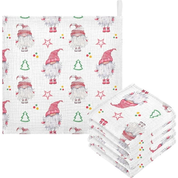 Dreamtimes Pink Scandinavian Gnomes Baby Muslin Washcloths Face Towel, Watercolor Christmas Burp Cloths Cotton Wipes 5 PCS Infant Wash Cloth for Newborn Boys Girls 12x12 inches