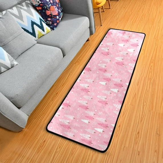 Dreamtimes Pink Xmas Tree Cartoon Hallway Runner Rug 2'x6' Kitchen Rug with Rubber Backing Merry Christmas Winter Non Slip Entryway Rug Runner Washable Soft Area Rug for Hallway Bedroom Kitchen Decor
