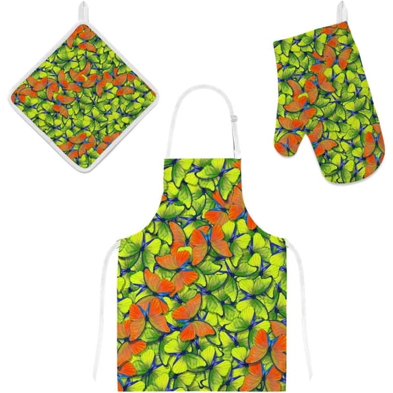 Dreamtimes Polyester Kitchen Oven Mitts Glove Potholder Apron 3Pcs Set Butterfly Morpho Non Slip Heat Resistant Mitts for Baking Cooking BBQ