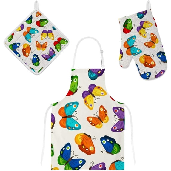 Dreamtimes Polyester Kitchen Oven Mitts Glove Potholder Apron 3Pcs Set Children Butterfly Non Slip Heat Resistant Mitts for Baking Cooking BBQ