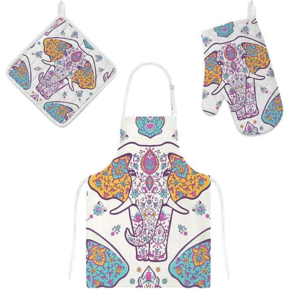 Dreamtimes Polyester Kitchen Oven Mitts Glove Potholder Apron 3Pcs Set Ethnic Elephant On White Non Slip Heat Resistant Mitts for Baking Cooking BBQ